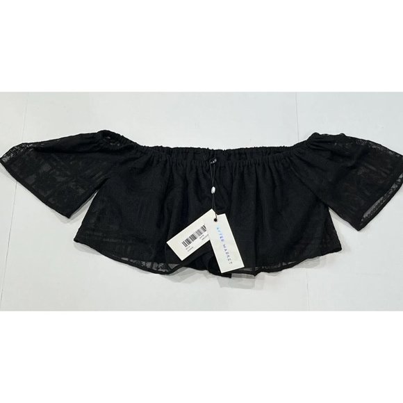 New After Market Black Short Crop Top Embroidered Peasant Women Petite Small/Med - Picture 1 of 15